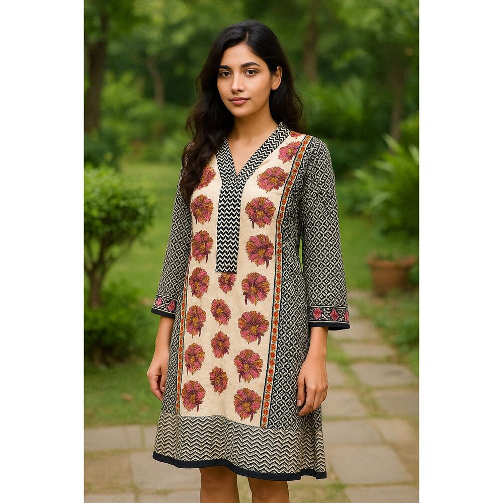 Khaadi Khaas Floral Embroidered Tunic Dress Size 12 Black Cream Pink Boho Ethnic
